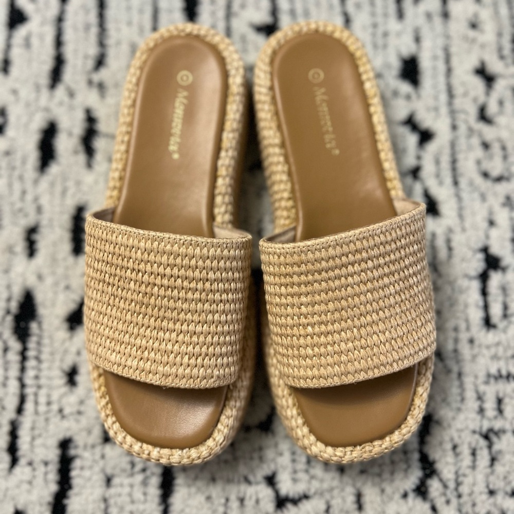 Beige Woven Platform Slide Sandals